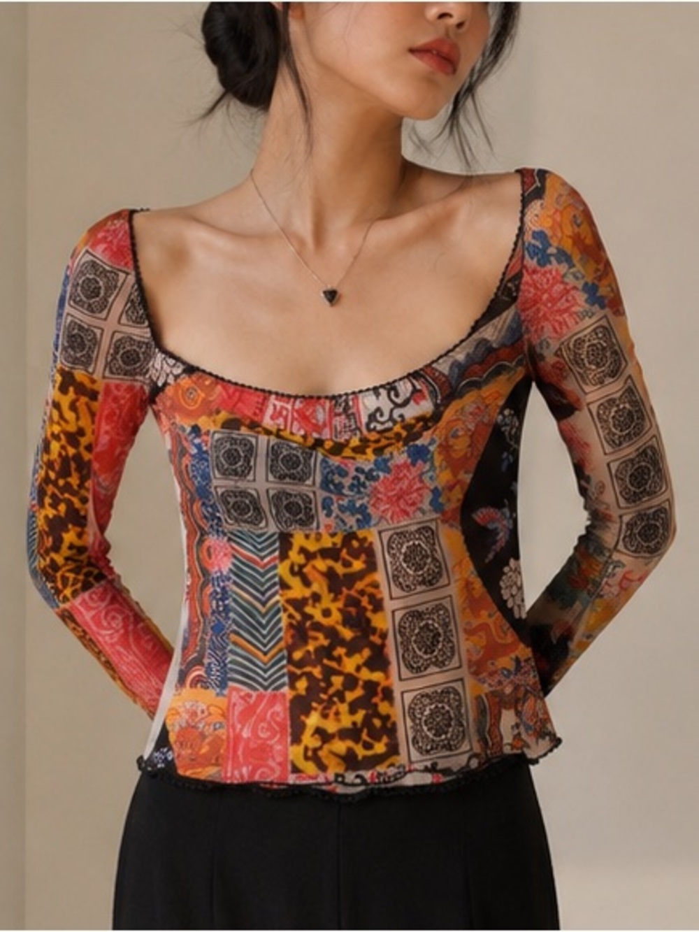 ROBERTO CAVALLI Rare Vintage 2002 Mesh Patchwork Longsleeve Top (Size 46)